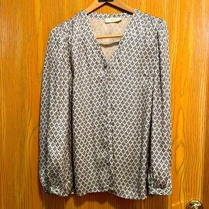 Tory Burch button front silk blend blouse size 14 Navy & Cream, lined.